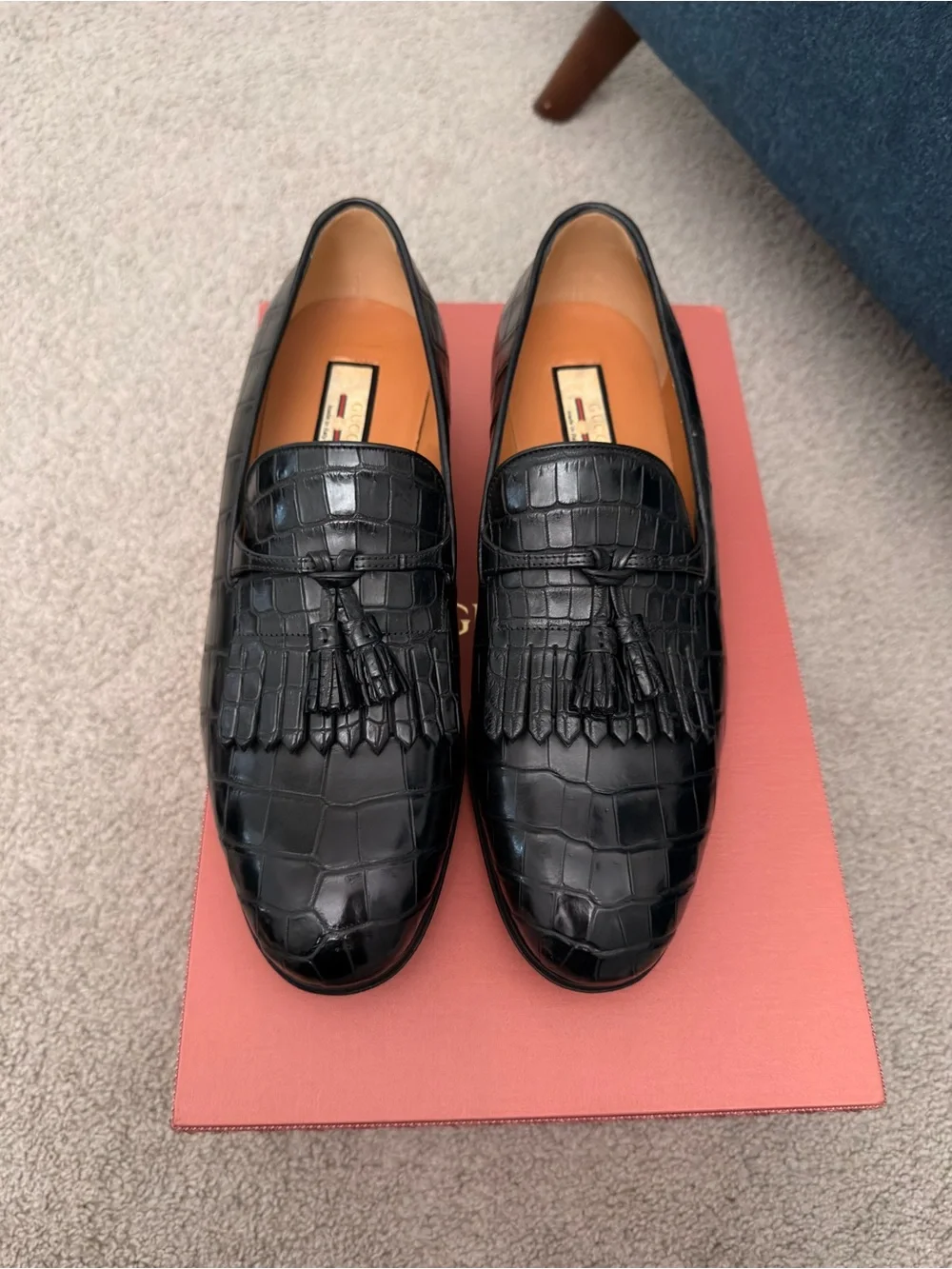 AUTHENTIC and NEW GUCCI Black Crocodile Tassel Loafers